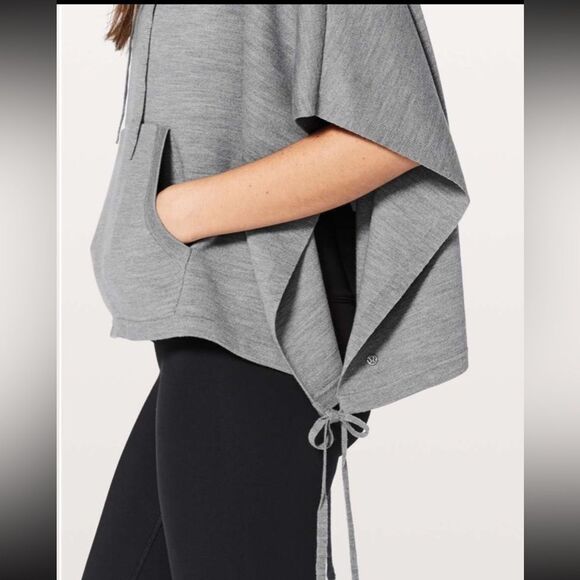 LULULEMON All in a Day Hooded Poncho Gray Merino Wool Cropped Tie Hem Sweater - Picture 6 of 6